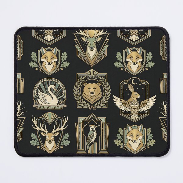 Item preview, Art Deco Heraldic Forest Animals Pattern – Gold Black Owl Stag Fox Bear Crest Seamless Design designed and sold by SavinMercantile.