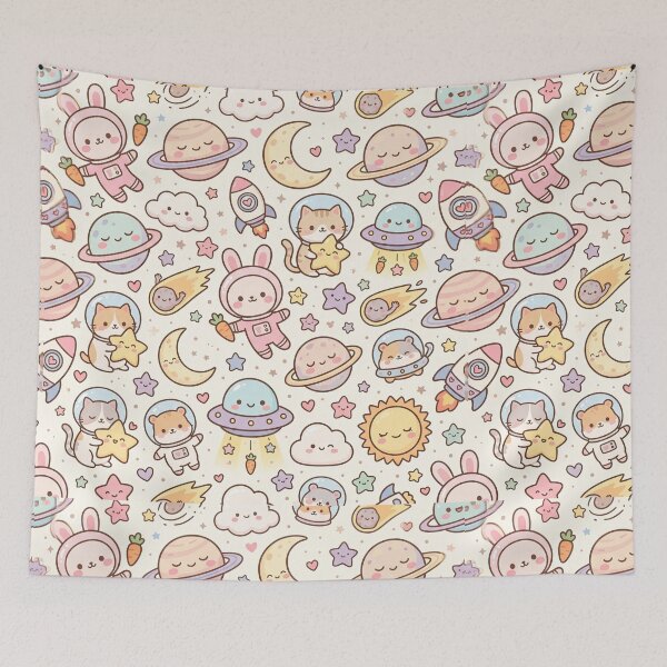 Item preview, Kawaii Space Pattern – Cute Pastel Astronaut Bunny Cat Planet Rocket Seamless Nursery Design designed and sold by SavinMercantile.