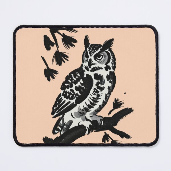 Item preview, A black ink brush sumi-e painting of a great horned owl perched on weathered pine designed and sold by 123ks.