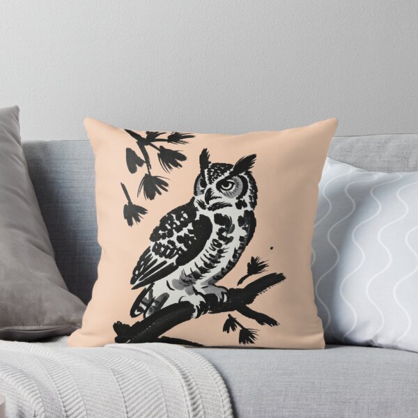 Item preview, A black ink brush sumi-e painting of a great horned owl perched on weathered pine designed and sold by 123ks.