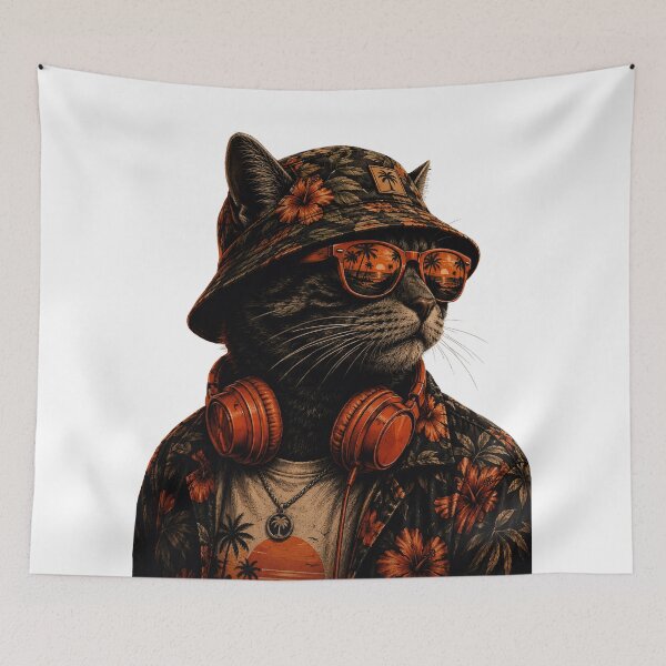 Item preview, Cool DJ Cat Summer Vibes | Synthwave Aesthetic Beach Cat designed and sold by BlackCat Vibe.