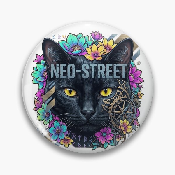 Item preview, Neo Street Black Cat | Steampunk Neon Floral Cyberpunk Cat designed and sold by BlackCat Vibe.