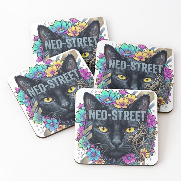 Item preview, Neo Street Black Cat | Steampunk Neon Floral Cyberpunk Cat designed and sold by BlackCat Vibe.
