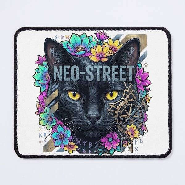 Item preview, Neo Street Black Cat | Steampunk Neon Floral Cyberpunk Cat designed and sold by BlackCat Vibe.
