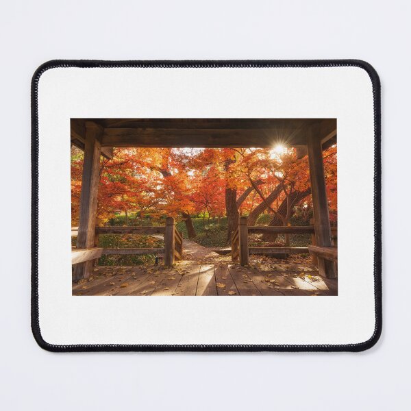 Item preview, Autumn Garden Pavilion View – Vivid Fall Foliage and Sunburst Nature Photography designed and sold by PygmyTitan Photo.