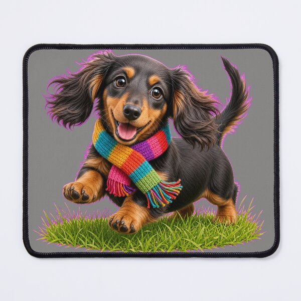 Item preview, Funny Long-Haired Dachshund Puppy in Colorful Scarf designed and sold by DarVibe Designs.
