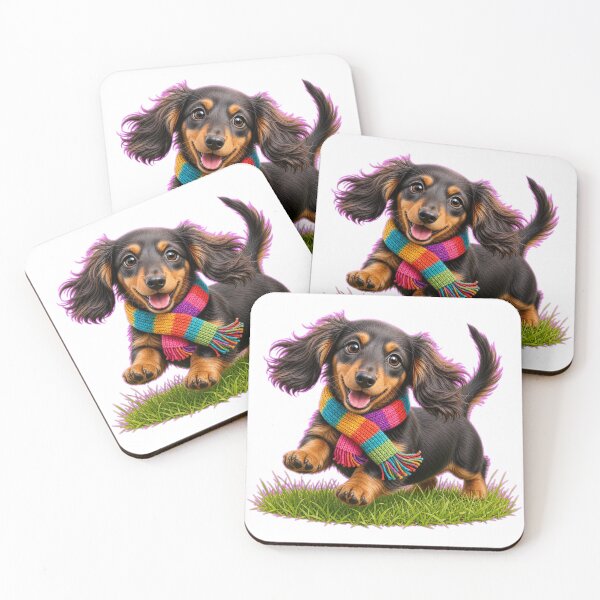 Item preview, Funny Long-Haired Dachshund Puppy in Colorful Scarf designed and sold by DarVibe Designs.