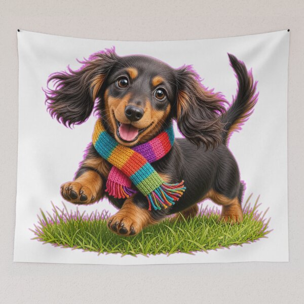 Item preview, Funny Long-Haired Dachshund Puppy in Colorful Scarf designed and sold by DarVibe Designs.