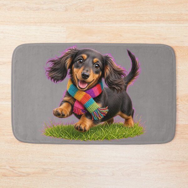Item preview, Funny Long-Haired Dachshund Puppy in Colorful Scarf designed and sold by DarVibe Designs.