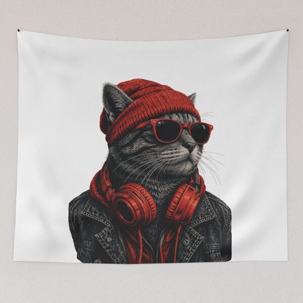 Item preview, Cool Hip Hop DJ Cat | Red Beanie Streetwear Goth Cat designed and sold by BlackCat Vibe.