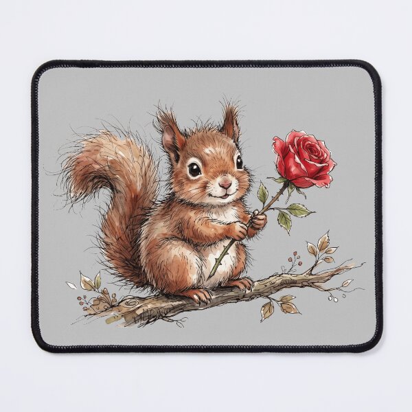 Item preview, Cute Watercolor Squirrel Holding Red Rose - Sweet Animal Sketch Art designed and sold by BreezifyDesignStudio.
