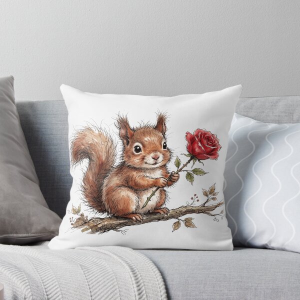 Item preview, Cute Watercolor Squirrel Holding Red Rose - Sweet Animal Sketch Art designed and sold by BreezifyDesignStudio.