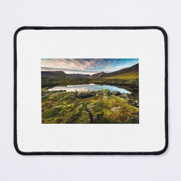 Item preview, Vibrant Mossy Lava Fields and Reflective Lake – Majestic Iceland Landscape Photography designed and sold by JohnManuelPhoto.