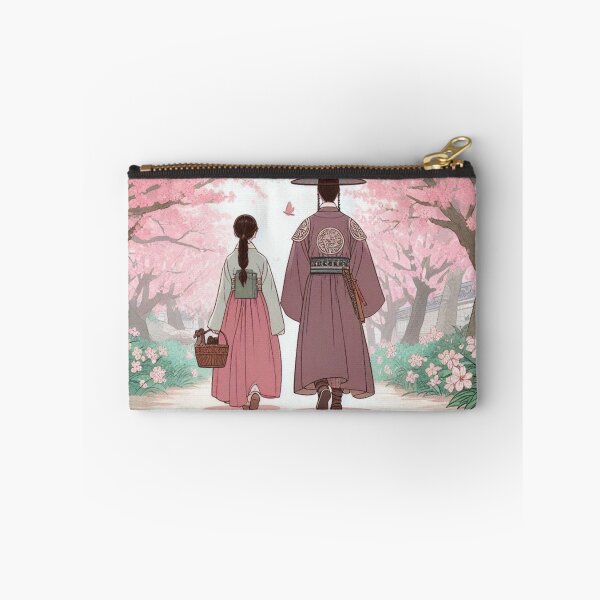 Aperçu de l'œuvre Couple en hanbok coréen traditionnel se promenant sous les cerisiers en fleurs créée et vendue par NerdiPop.