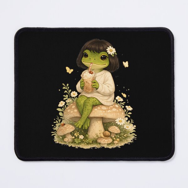 Item preview, Funny Frog Bob Haircut Meme – Cute Cottagecore Frog Drinking Iced Coffee designed and sold by Cutie Galore.