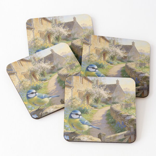 Item preview, Blue Tit Cottage Garden - Cotswolds Spring Painting - English Wall Art designed and sold by QuietCanvasArtworks.
