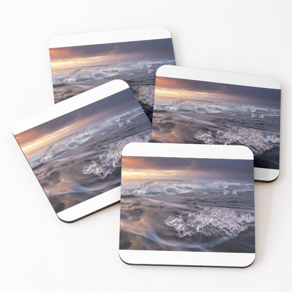 Item preview, Glacial Ice Diamonds on Black Sand Beach – Ethereal Nordic Sunset Landscape Photography designed and sold by PygmyTitan Photo.