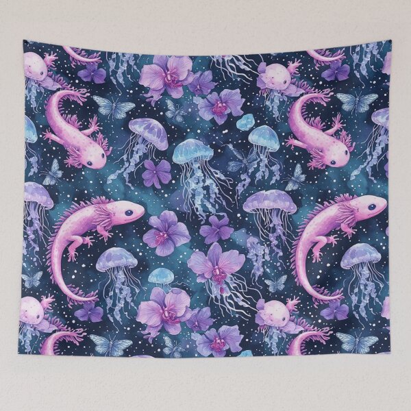 Item preview, Cosmic Axolotl and Jellyfish Dream Celestial Aquatic Pattern designed and sold by dcohea.