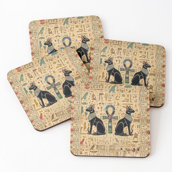 Item preview, Egyptian Cat Goddess Bastet Ankh - Twin Cats Papyrus Hieroglyphs designed and sold by GulfSignature.