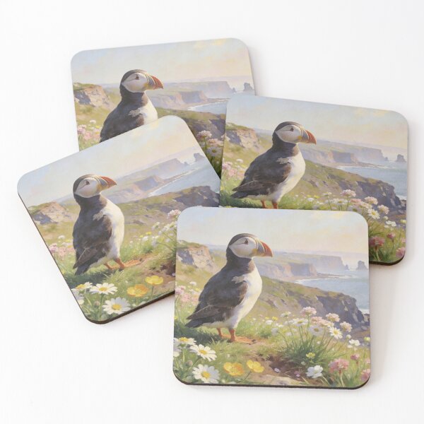 Item preview, Northumberland Puffin Clifftop - Coastal Spring Wildlife Painting designed and sold by QuietCanvasArtworks.
