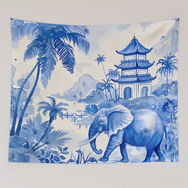 Item preview, Blue and white chinoiserie elephant designed and sold by SophieClimaArt.