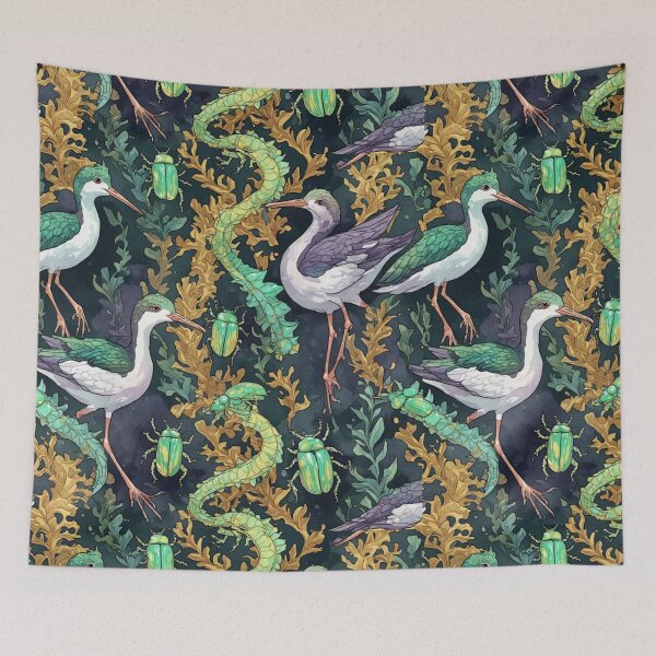 Item preview, Mystical Coastal Wetlands Sandpipers and Emerald Jewel Beetles Pattern designed and sold by dcohea.