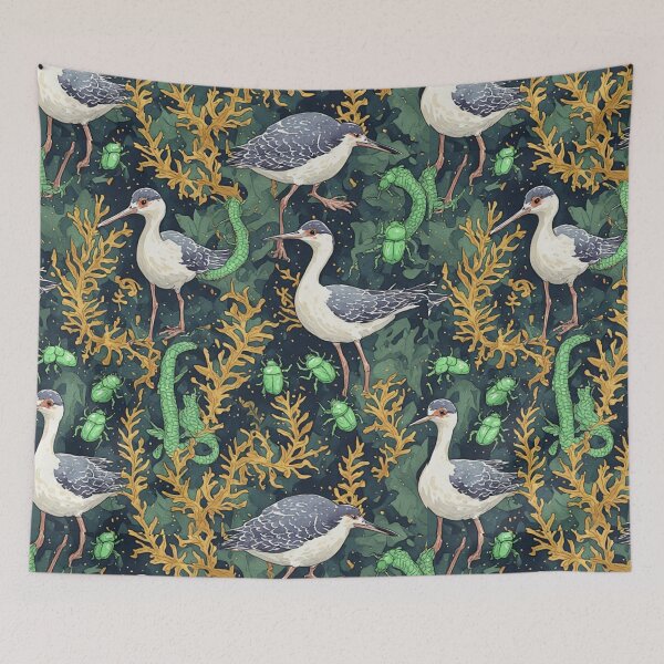 Item preview, Mystical Coastal Wetlands Sandpipers and Emerald Jewel Beetles Pattern designed and sold by dcohea.