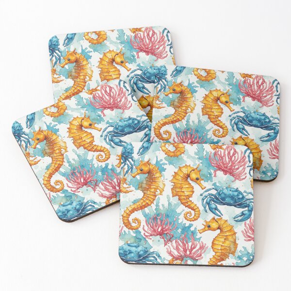 Item preview, Watercolor Ocean Wonders Golden Seahorses and Blue Crabs Pattern designed and sold by dcohea.
