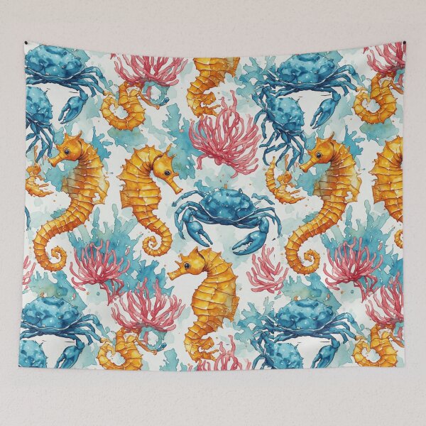 Item preview, Watercolor Ocean Wonders Golden Seahorses and Blue Crabs Pattern designed and sold by dcohea.
