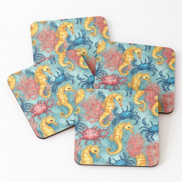 Item preview, Watercolor Ocean Wonders Golden Seahorses and Blue Crabs Pattern designed and sold by dcohea.