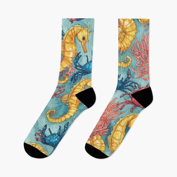 Item preview, Watercolor Ocean Wonders Golden Seahorses and Blue Crabs Pattern designed and sold by dcohea.