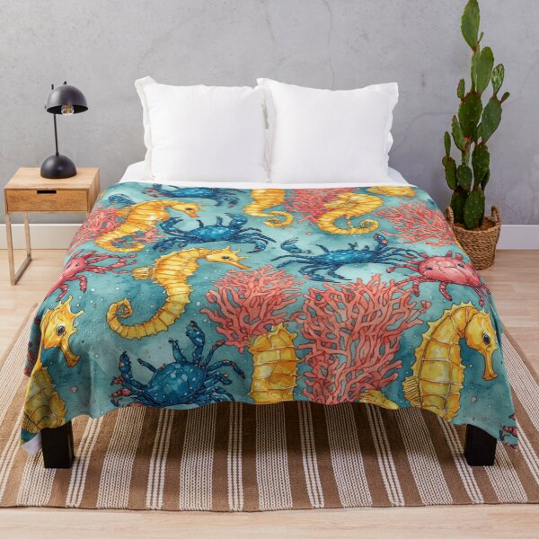 Item preview, Watercolor Ocean Wonders Golden Seahorses and Blue Crabs Pattern designed and sold by dcohea.