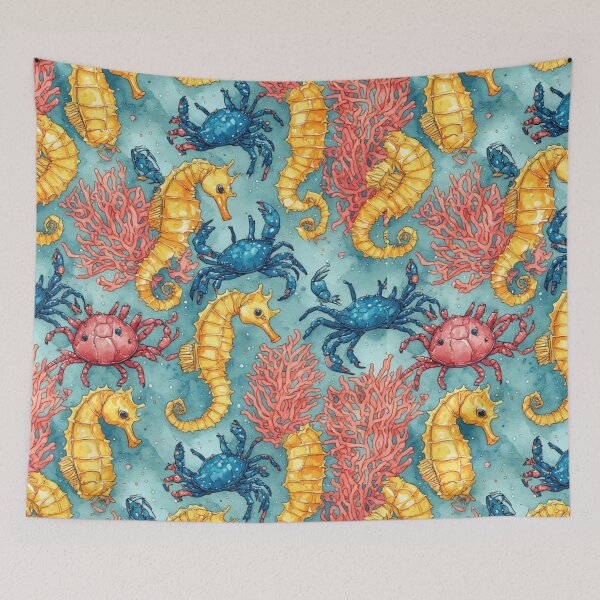 Item preview, Watercolor Ocean Wonders Golden Seahorses and Blue Crabs Pattern designed and sold by dcohea.