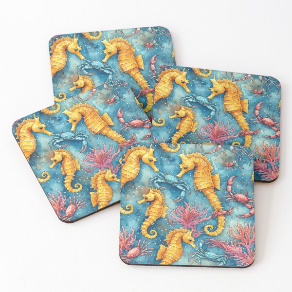 Item preview, Watercolor Ocean Wonders Golden Seahorses and Blue Crabs Pattern designed and sold by dcohea.