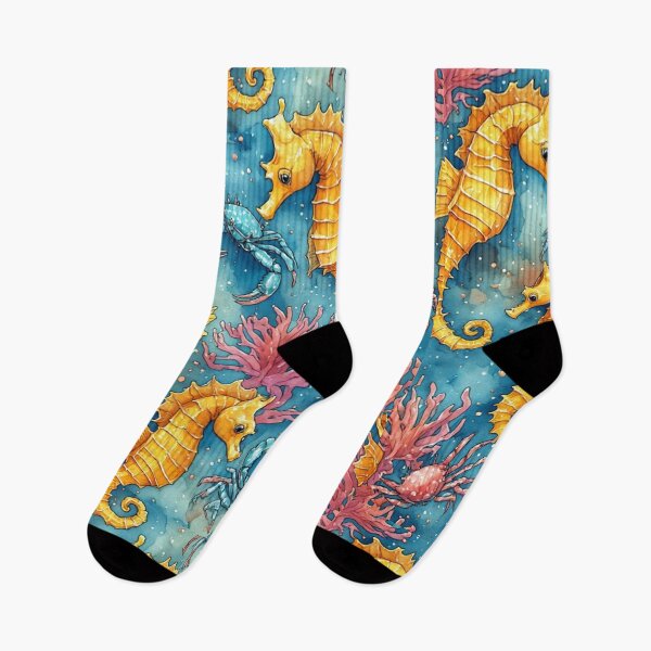 Item preview, Watercolor Ocean Wonders Golden Seahorses and Blue Crabs Pattern designed and sold by dcohea.