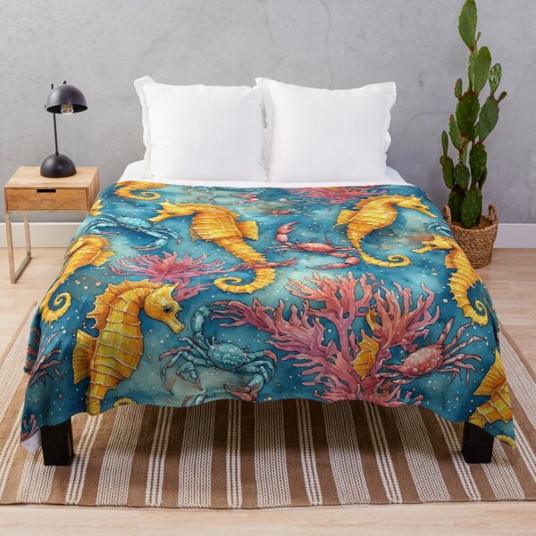 Item preview, Watercolor Ocean Wonders Golden Seahorses and Blue Crabs Pattern designed and sold by dcohea.