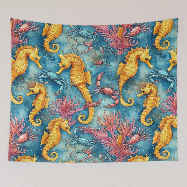 Item preview, Watercolor Ocean Wonders Golden Seahorses and Blue Crabs Pattern designed and sold by dcohea.