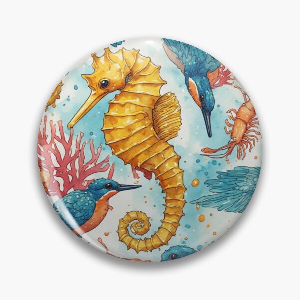 Item preview, Watercolor Coastal Fantasy: Golden Seahorses and Blue Kingfishers Pattern designed and sold by dcohea.