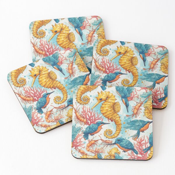 Item preview, Watercolor Coastal Fantasy: Golden Seahorses and Blue Kingfishers Pattern designed and sold by dcohea.