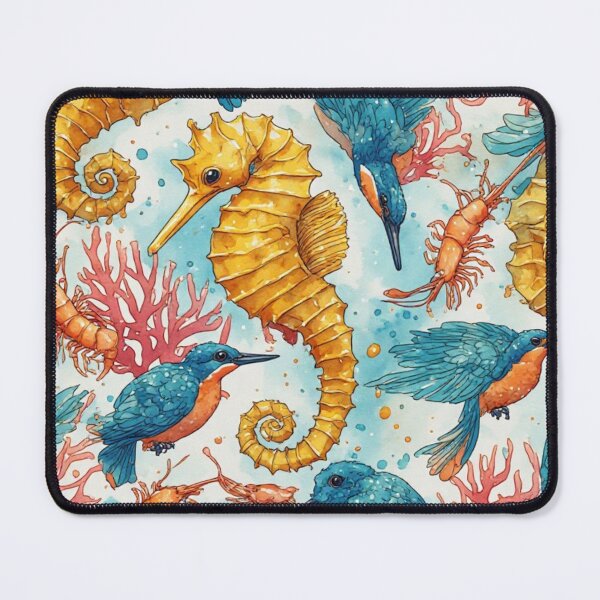 Item preview, Watercolor Coastal Fantasy: Golden Seahorses and Blue Kingfishers Pattern designed and sold by dcohea.