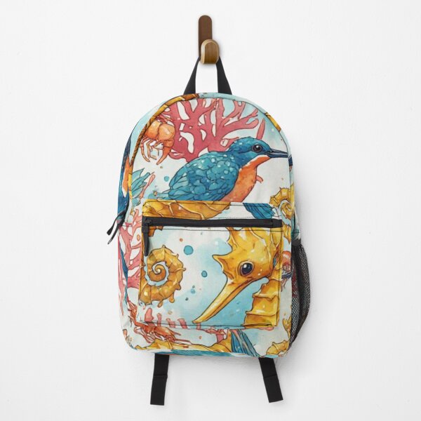 Item preview, Watercolor Coastal Fantasy: Golden Seahorses and Blue Kingfishers Pattern designed and sold by dcohea.