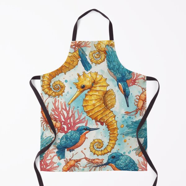 Item preview, Watercolor Coastal Fantasy: Golden Seahorses and Blue Kingfishers Pattern designed and sold by dcohea.