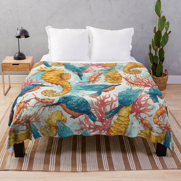 Item preview, Watercolor Coastal Fantasy: Golden Seahorses and Blue Kingfishers Pattern designed and sold by dcohea.