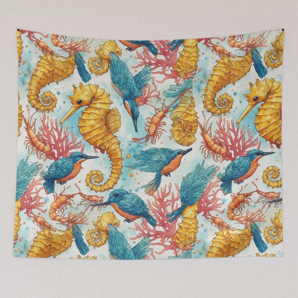 Item preview, Watercolor Coastal Fantasy: Golden Seahorses and Blue Kingfishers Pattern designed and sold by dcohea.