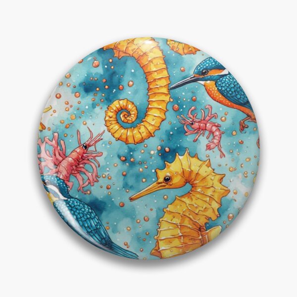 Item preview, Watercolor Coastal Fantasy Golden Seahorses and Blue Kingfishers Pattern designed and sold by dcohea.