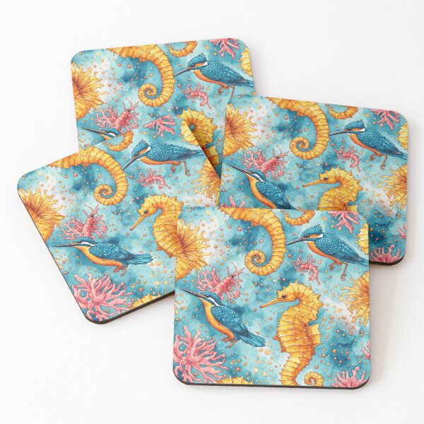Item preview, Watercolor Coastal Fantasy Golden Seahorses and Blue Kingfishers Pattern designed and sold by dcohea.