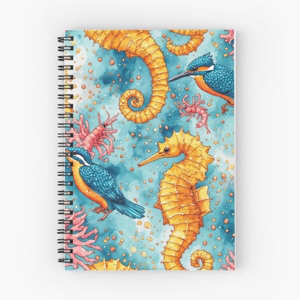 Item preview, Watercolor Coastal Fantasy Golden Seahorses and Blue Kingfishers Pattern designed and sold by dcohea.