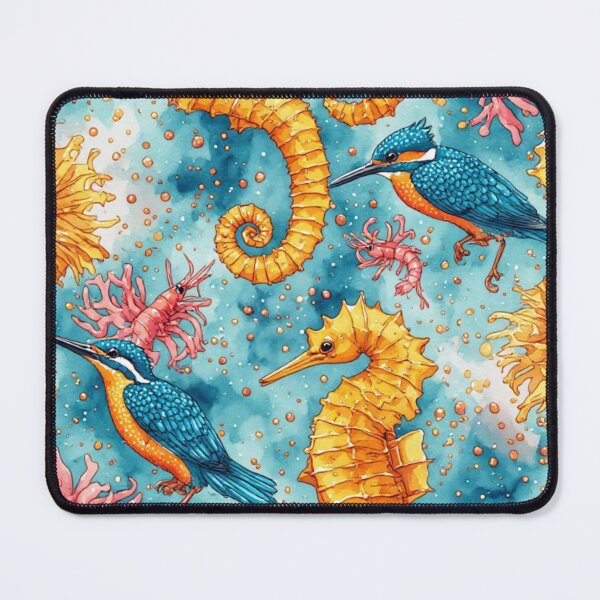 Item preview, Watercolor Coastal Fantasy Golden Seahorses and Blue Kingfishers Pattern designed and sold by dcohea.