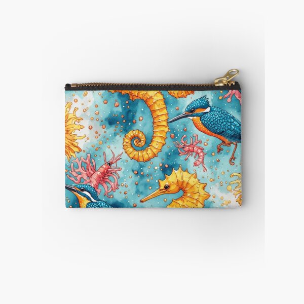 Item preview, Watercolor Coastal Fantasy Golden Seahorses and Blue Kingfishers Pattern designed and sold by dcohea.