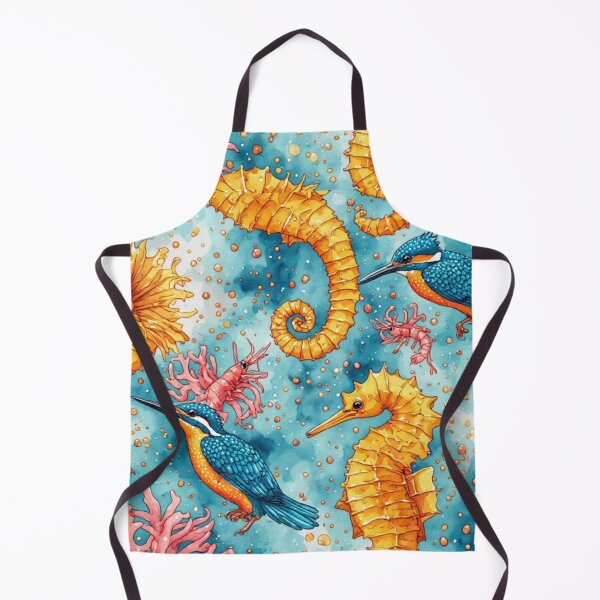 Item preview, Watercolor Coastal Fantasy Golden Seahorses and Blue Kingfishers Pattern designed and sold by dcohea.